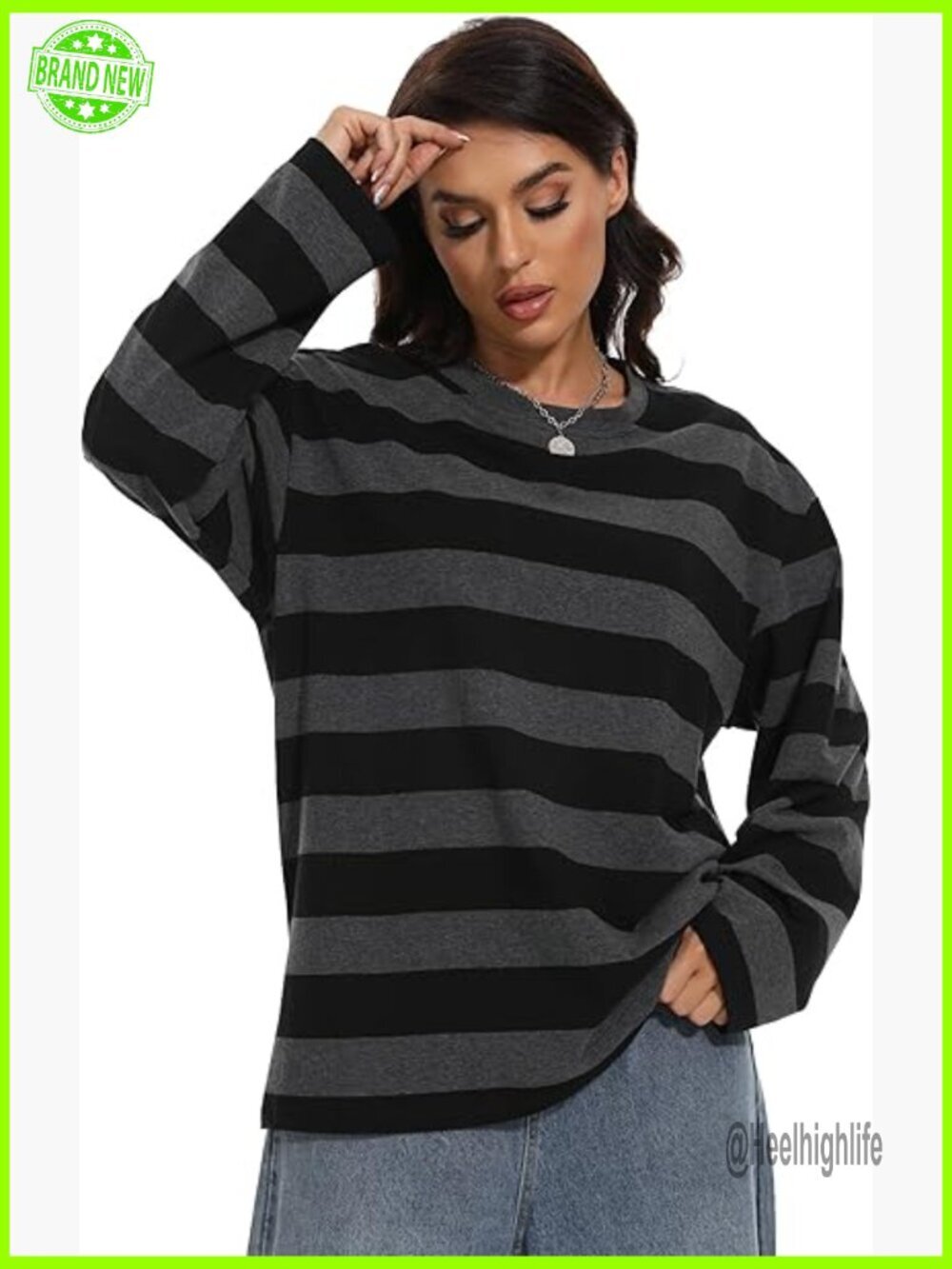 Long Sleeve Striped Crewneck Tee Grunge Gothic Top Emo Blouse